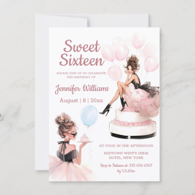 Invitation élégante tendance douce fille anniversaire 16 ans  (Devant)