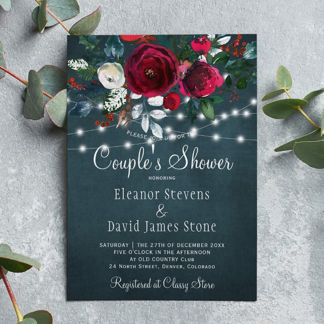 Invitation Elégante tendance rustique hiver couples fleuris d (Créateur téléchargé)