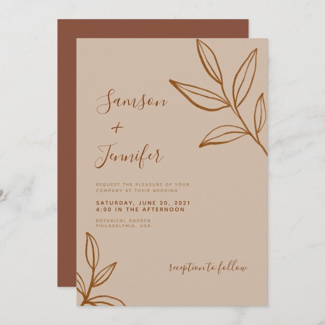 Invitation Élégante Terracotta avec Mariage Boho Feuille (Devant / Derrière)