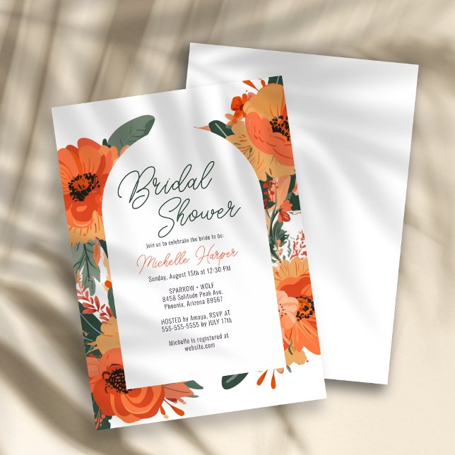 Invitation Élégante Terracotta Floral Bridal Showe (Bridal shower invitation card with terracotta and orange floral design on a white background.)