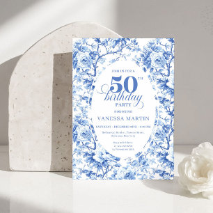 Invitation Élégante toile de Jouy bleu poussiéreux pour 50e a