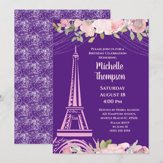 Invitation Elégante Tour Eiffel violet Paris Anniversaire (Devant / Derrière)
