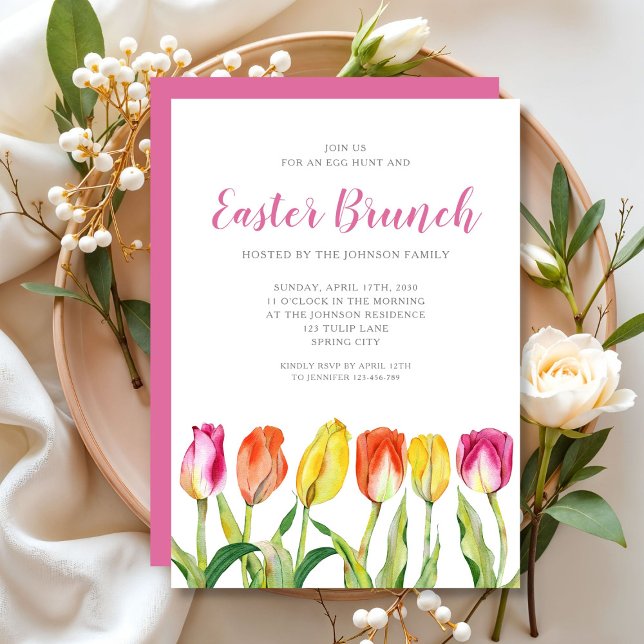 Invitation Elégante Tulipes d'aquarelle florale Brunch de Pâq (Colorful Floral Watercolor Tulip Easter Brunch Invitation)
