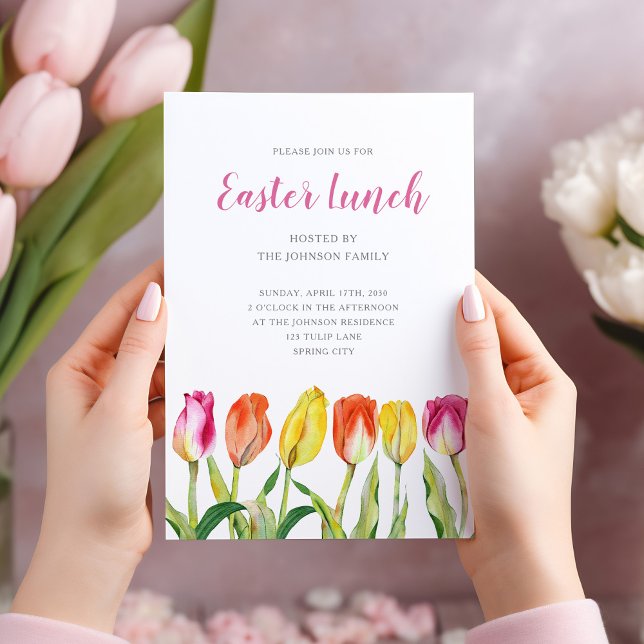 Invitation Elégante Tulipes d'Aquarelle Florale Déjeuner de P (Chic Floral Watercolor Tulip Easter Lunch Invitation)