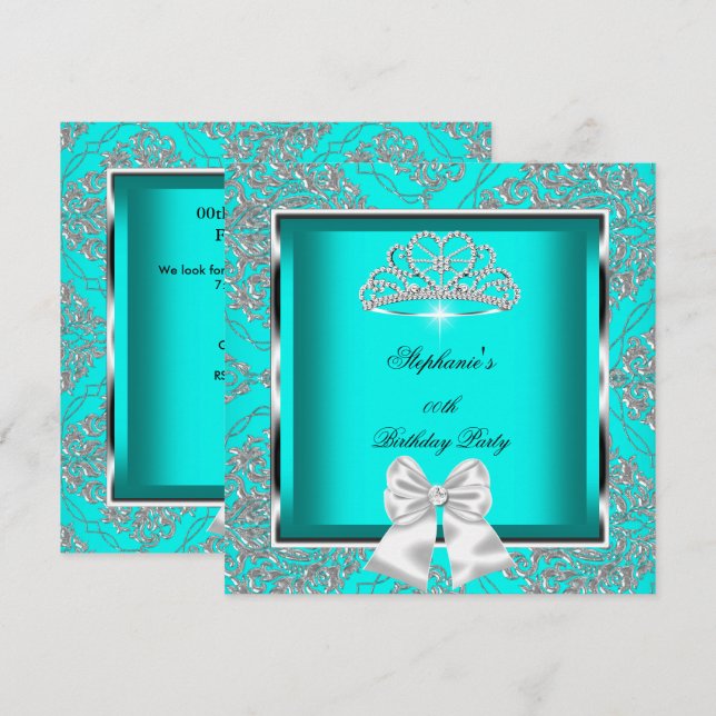 Invitation Elégante Turquoise Blue Damask Silver Birthday Par (Devant / Derrière)