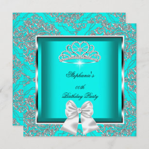 Invitation Elégante Turquoise Blue Damask Silver Birthday Par