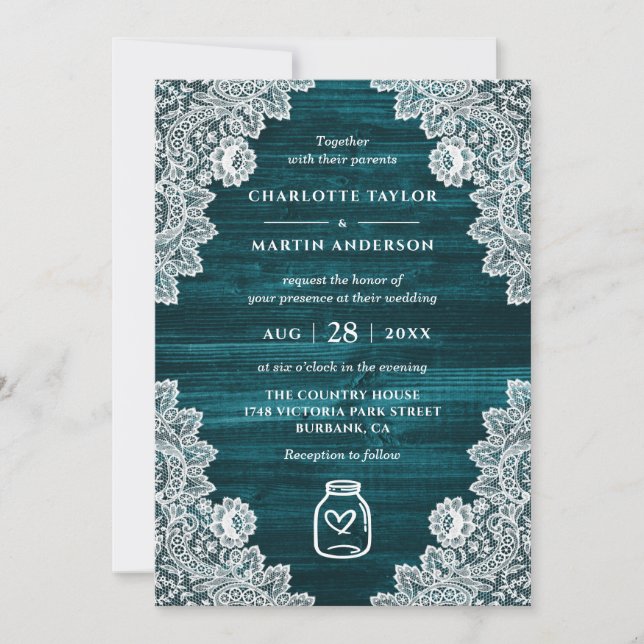 Invitation Elégante Turquoise bois floral dentelle Mason Jar  (Devant)