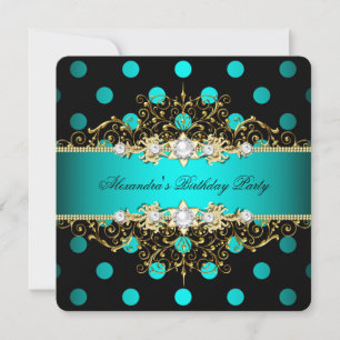 Invitation Elégante Turquoise Gold Black Pois fête d'annivers