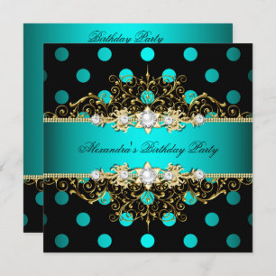 Invitation Elégante Turquoise Gold Black Pois fête d'annivers