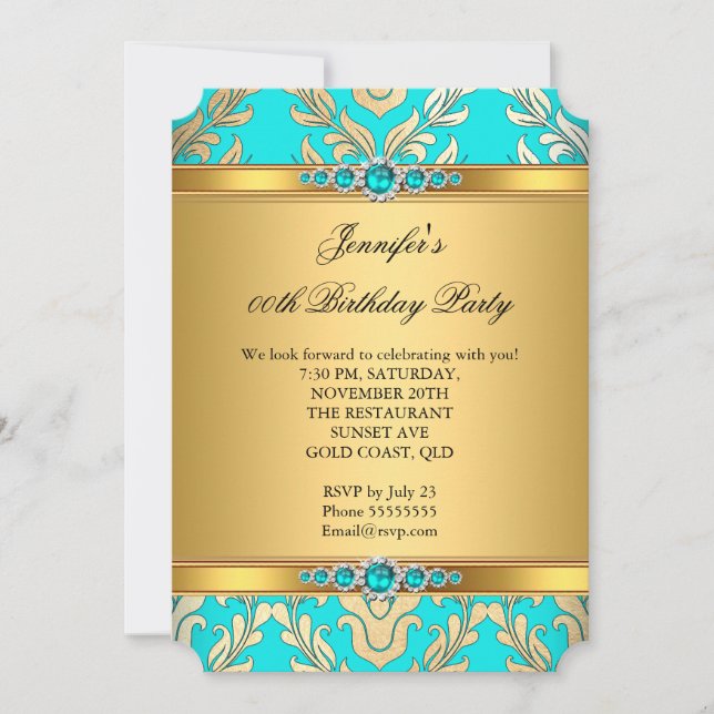 Invitation Elégante Turquoise Gold Damask Pearl fête d'annive (Devant)