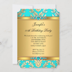 Invitation Elégante Turquoise Gold Damask Pearl fête d'annive
