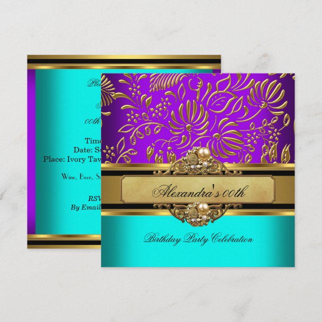 Invitation Elégante Turquoise Purple Gold Damask Anniversaire (Devant / Derrière)