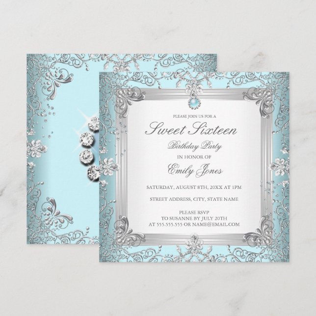 Invitation élégante turquoise Sweet 16 Seize Perle (Devant / Derrière)