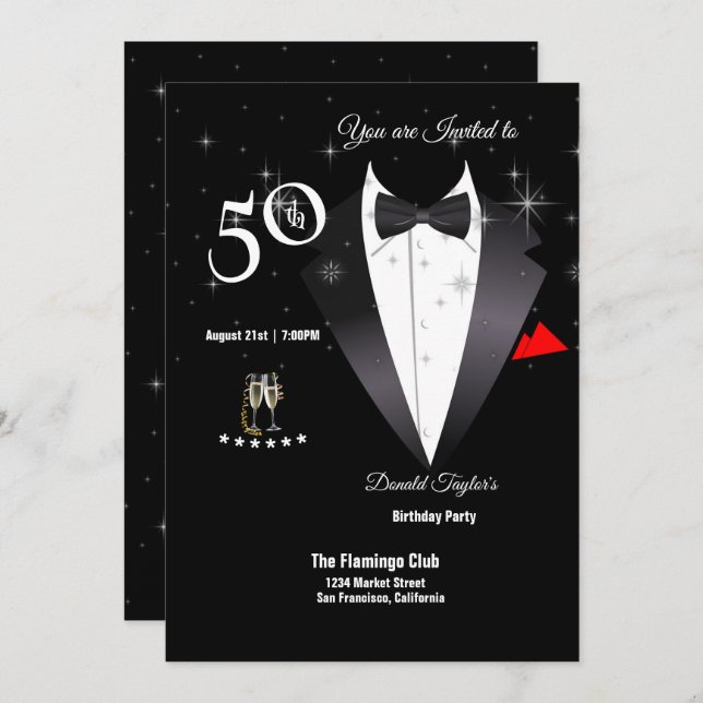 Invitation Elégante Tuxedo 50e anniversaire de fête Invitatio (Devant / Derrière)