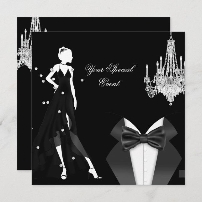 Invitation Élégante Tuxedo Gown Silver White Black Party (Devant / Derrière)