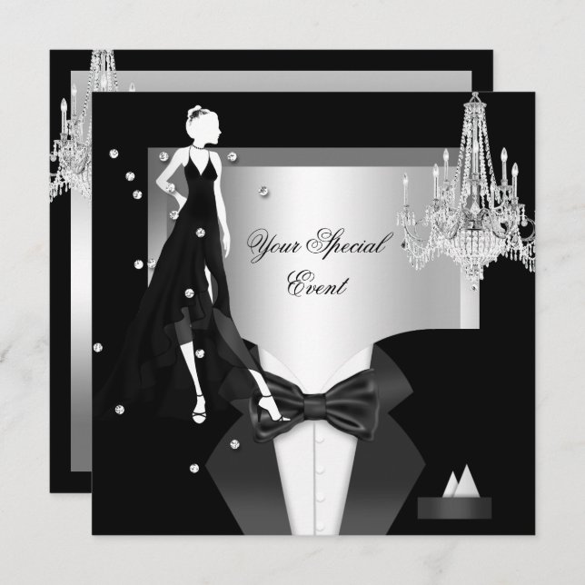 Invitation Élégante Tuxedo Gown Silver White Black Party (Devant / Derrière)