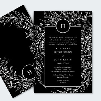 Invitation Elégante Tuxedo Noir brillant Monogramme Blanc Wre