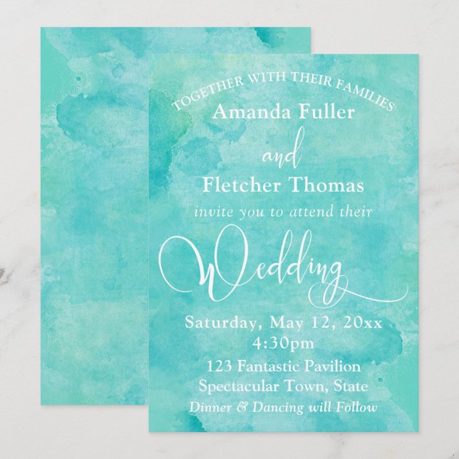 Invitation Élégante Typographie Aquarelle Turquoise Mariage 3 (Devant / Derrière)