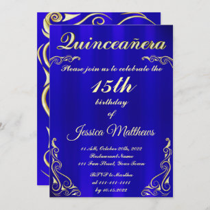 Invitation Elégante Typographie Bleue et Or Quinceañera
