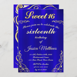 Invitation Élégante Typographie Bleue et Or Sweet 16