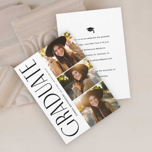 Invitation Élégante Typographie de fin d'études 3 Diplôme pho (Elegant Typography Graduate Black and White 3 Photo Graduation Invitation.)