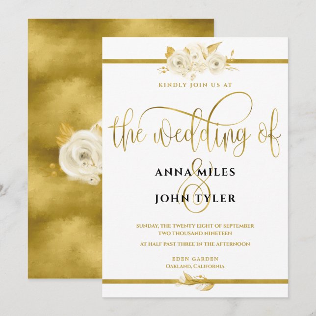 Invitation Élégante typographie florale Mariage Gold Foil (Devant / Derrière)