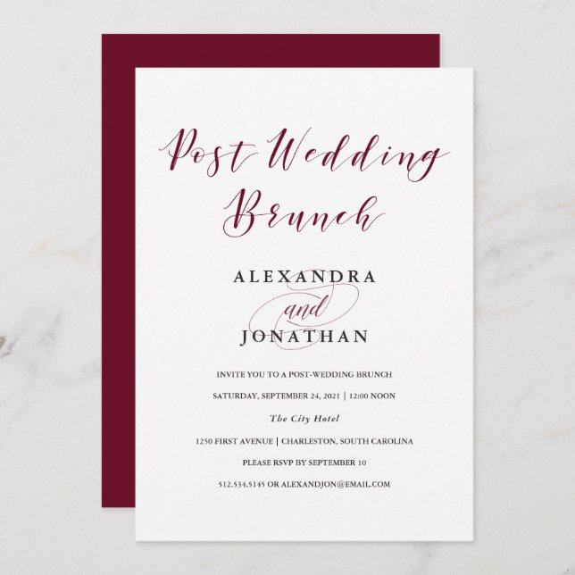 Invitation Élégante typographie | Marsala Post Mariage Brunch (Devant / Derrière)