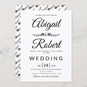 Invitation Élégante typographie noir fleurs blanches mariage