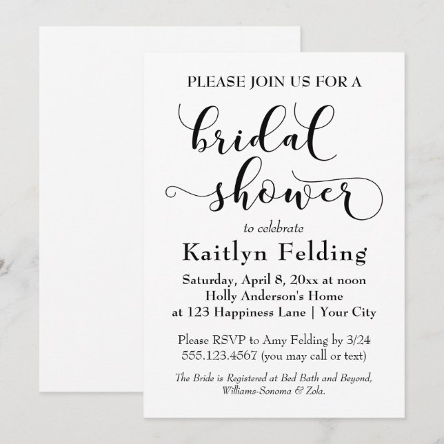 Invitation Élégante typographie noire sur fond blanc pour Bab (Devant / Derrière)