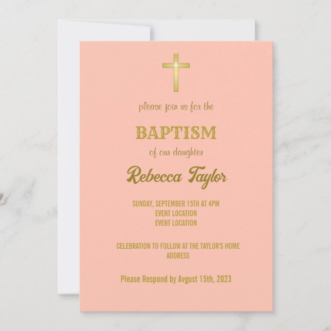 Invitation Élégante Typographie Or Croix Baptême sur rose (Devant)