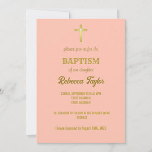 Invitation Élégante Typographie Or Croix Baptême sur rose