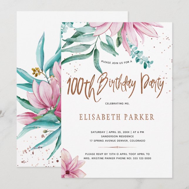 Invitation Élégante typographie pour un 100e anniversaire flo (Devant / Derrière)
