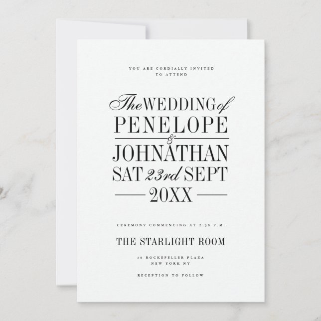 Invitation Élégante Typographie Sérif Mariage Script (Devant)