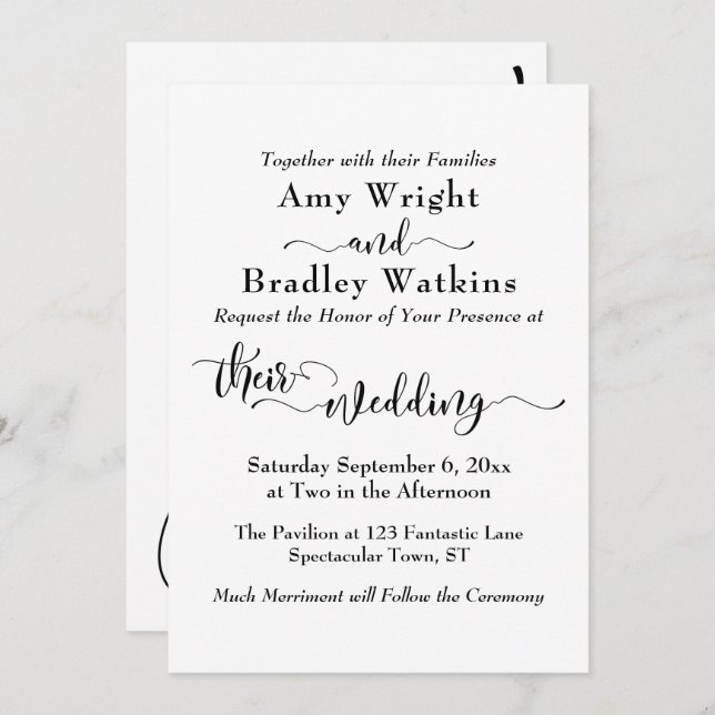 Invitation Élégante typographie subtile, noir sur Mariage bla (Devant / Derrière)