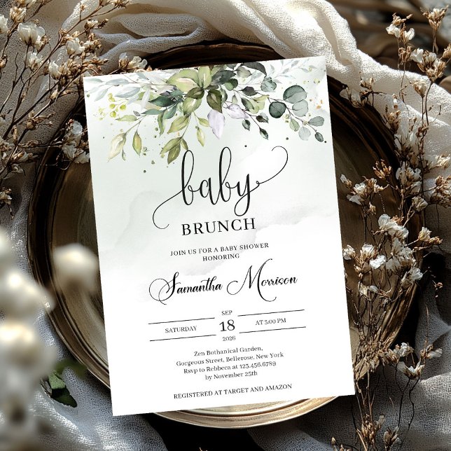Invitation Élégante typographie verdure feuillage bébé brunch (Elegant typography greenery foliage baby brunch invitation)