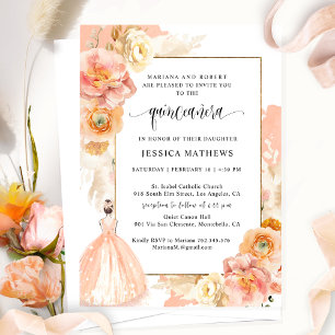 Invitation Élégante, unique Pêche Florale Princesse Quinceañe