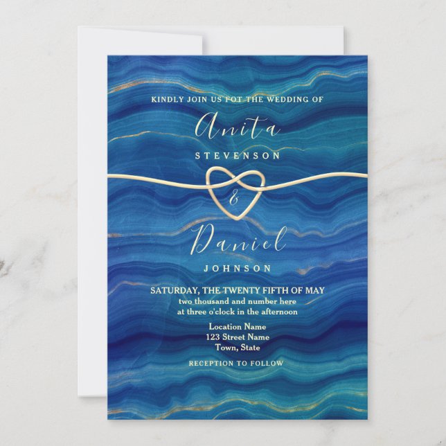Invitation Élégante Vague de Plage Bleue Mariage Or (Devant)