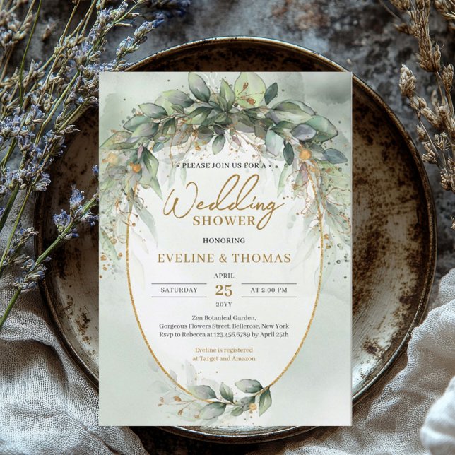 Invitation Elégante végétation boho et Wedding shower or (watercolor green eucalyptus wreath wedding shower invitation digital)