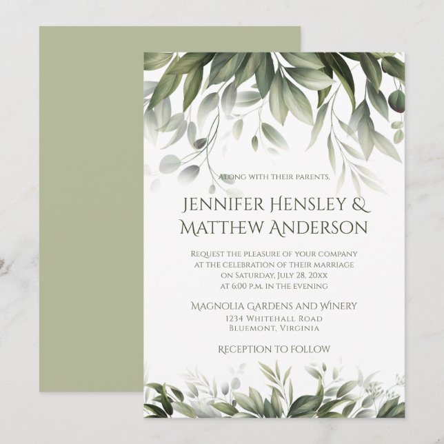 Invitation Élégante végétation Botanique - Vert olive clair (Devant / Derrière)