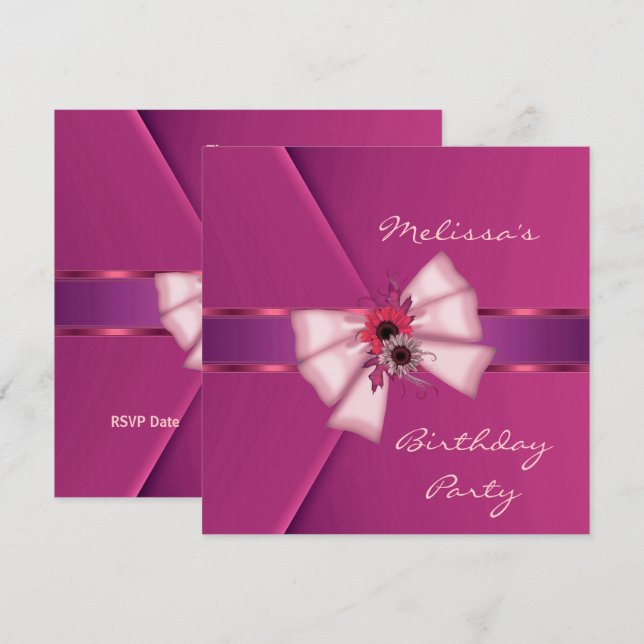 Invitation Élégante velours rose Bow floral 2 (Devant / Derrière)