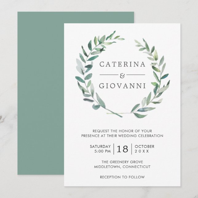 Invitation Elégante verdure Aquarelle Wreath Mariage rustique (Devant / Derrière)