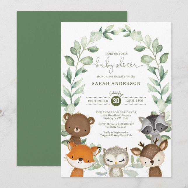 Invitation Élégante verdure Baby shower d'animaux de bois (Devant / Derrière)