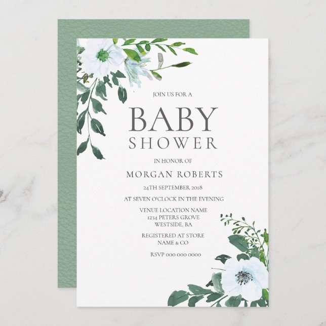 Invitation Élégante verdure Blanc Floral Baby shower Invitati (Devant / Derrière)