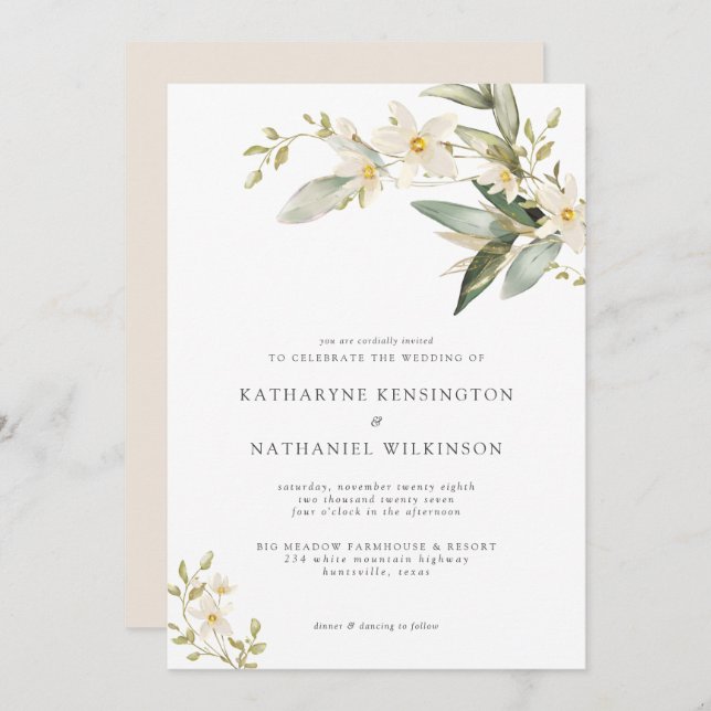 Invitation Élégante verdure Blanc Floral Mariage (Devant / Derrière)