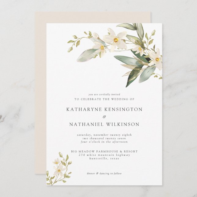Invitation Élégante verdure Blanc Floral Mariage (Devant / Derrière)