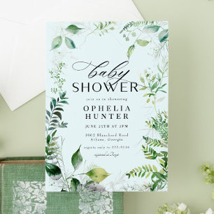 Invitation Elégante verdure bleu ciel Baby shower feuillu