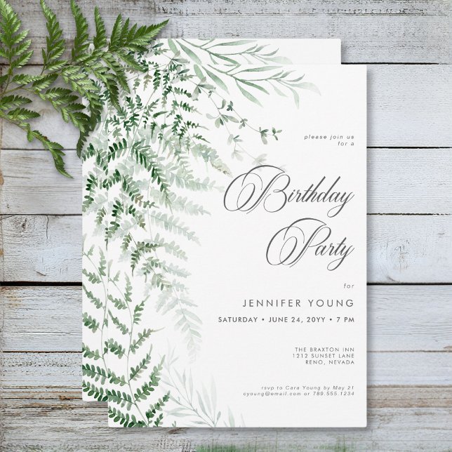 Invitation Élégante verdure délicate fougères anniversaire (Elegant Delicate Greenery Ferns Birthday Invitation)