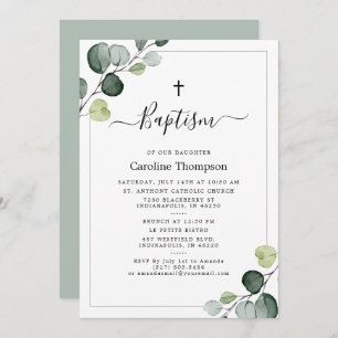 Invitation Élégante verdure des Eucalyptus Baptême vert