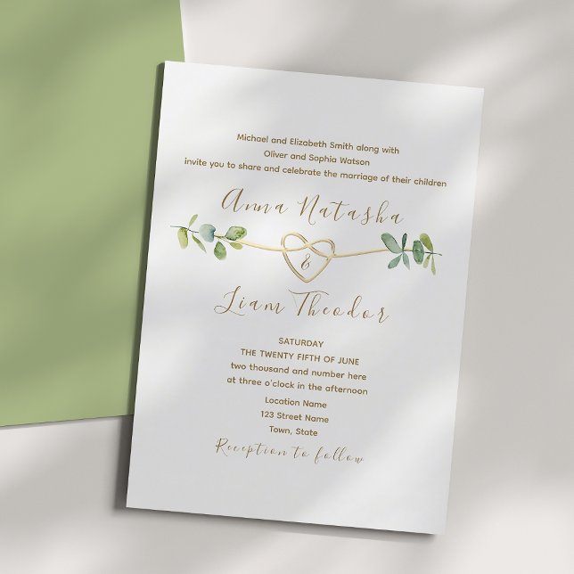 Invitation Élégante verdure d'eucalyptus cœur doré mariage (Créateur téléchargé)