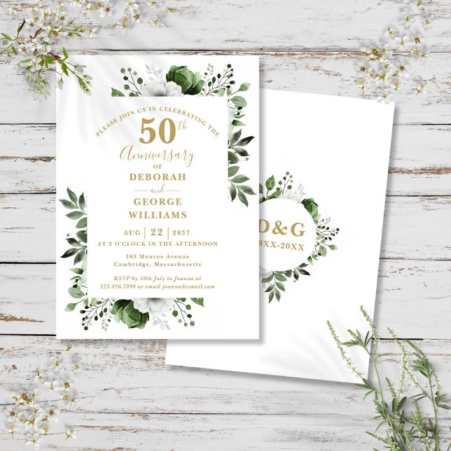 Invitation Élégante verdure dorée 50e anniversaire de mariage (Elegant Gold Greenery 50th Wedding Anniversary Invitation)